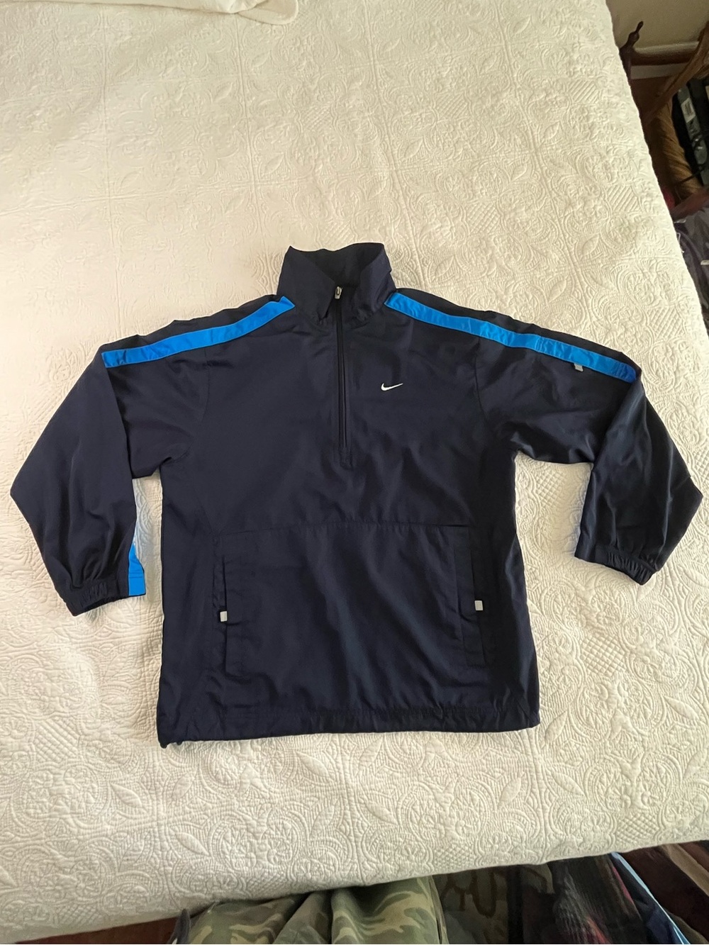 Nike Men's Navy Pullover Windbreaker with Bright Blue Stripes